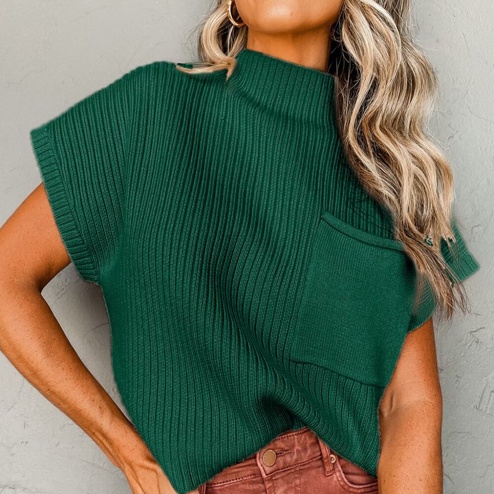 B305 Green Patch Pocket Ribbed Knit Short Sleeve Sweater
